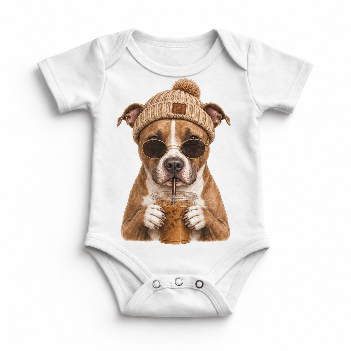 Pit Bull iced coffee design on White Baby Bodysuit