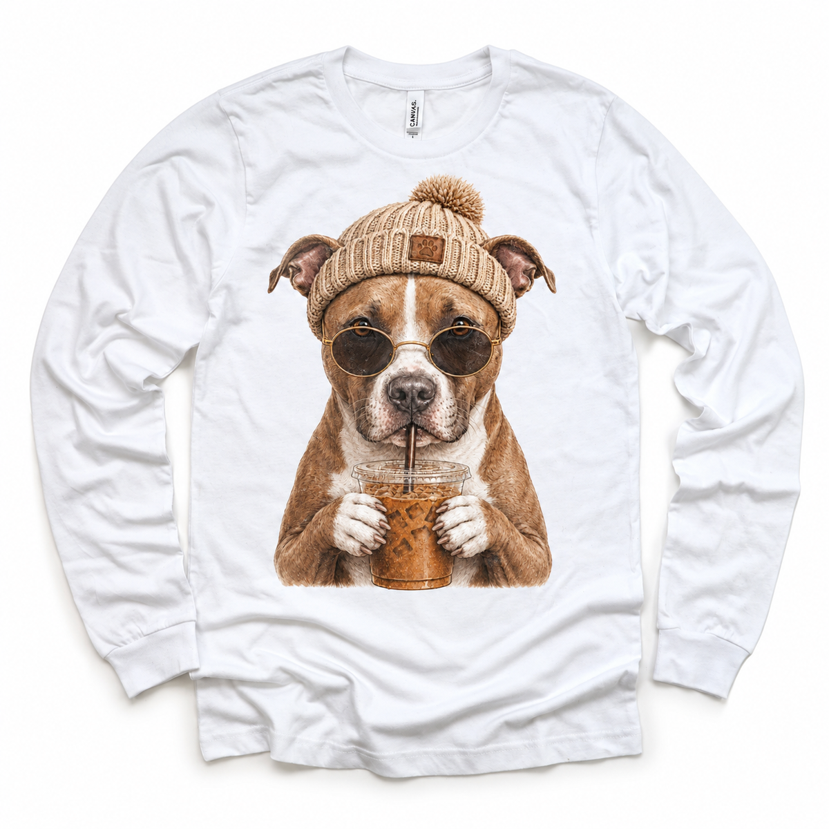Pit Bull iced coffee design on White Long Sleeve Tee