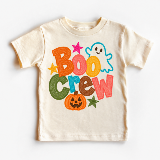 Boo Crew colorful Halloween ghost design on a natural tee