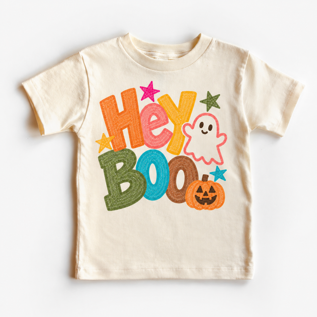 Hey Boo colorful Halloween ghost design on a natural tee