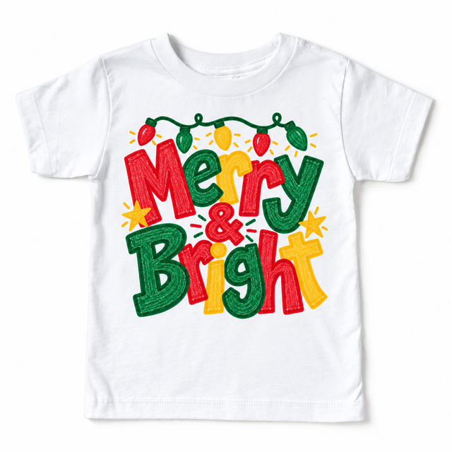 Merry and Bright Christmas design on a white tee