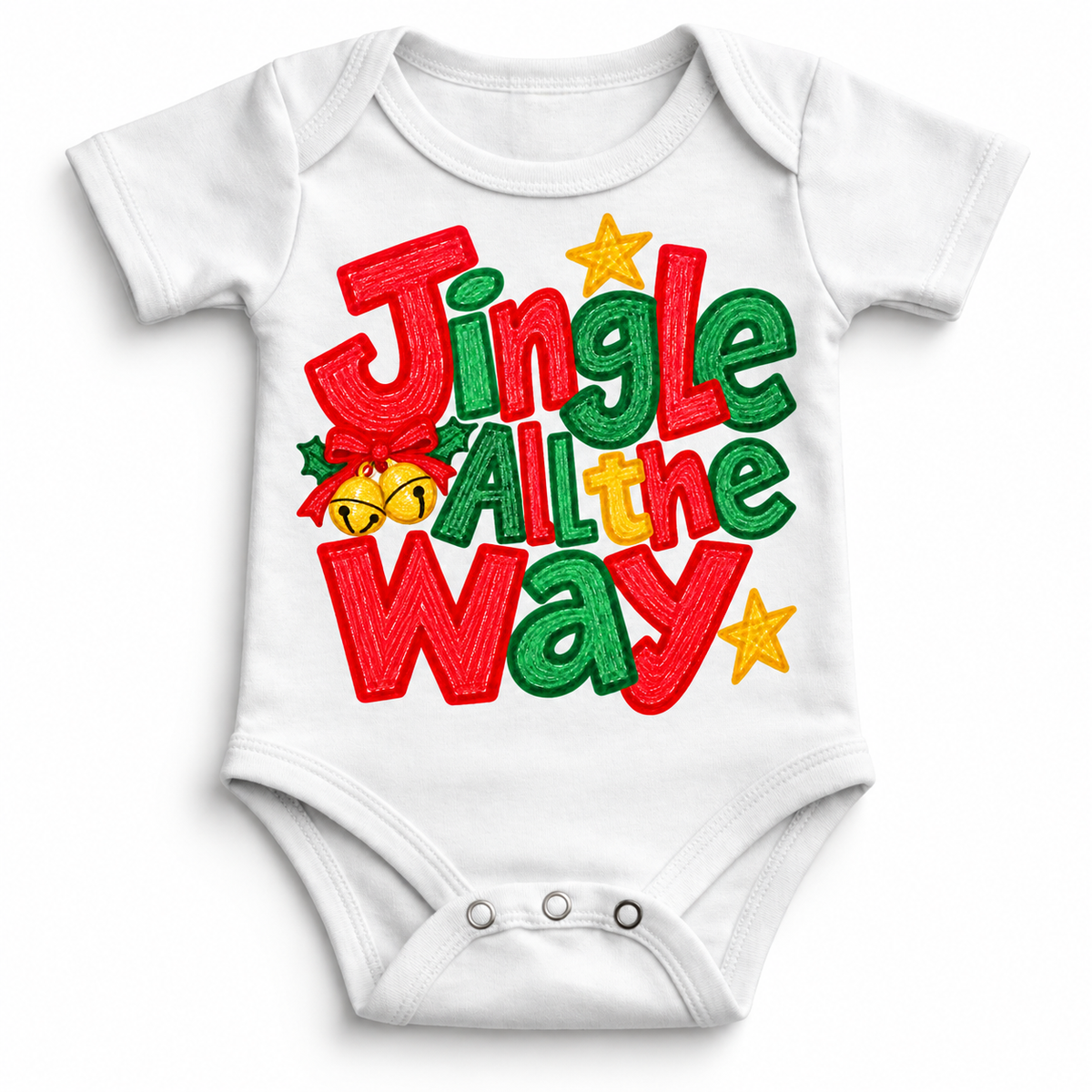 Jingle All the Way Christmas design on a white bodysuit
