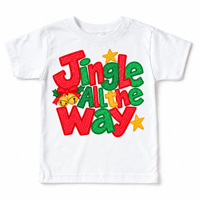 Jingle All the Way Christmas design on a white tee
