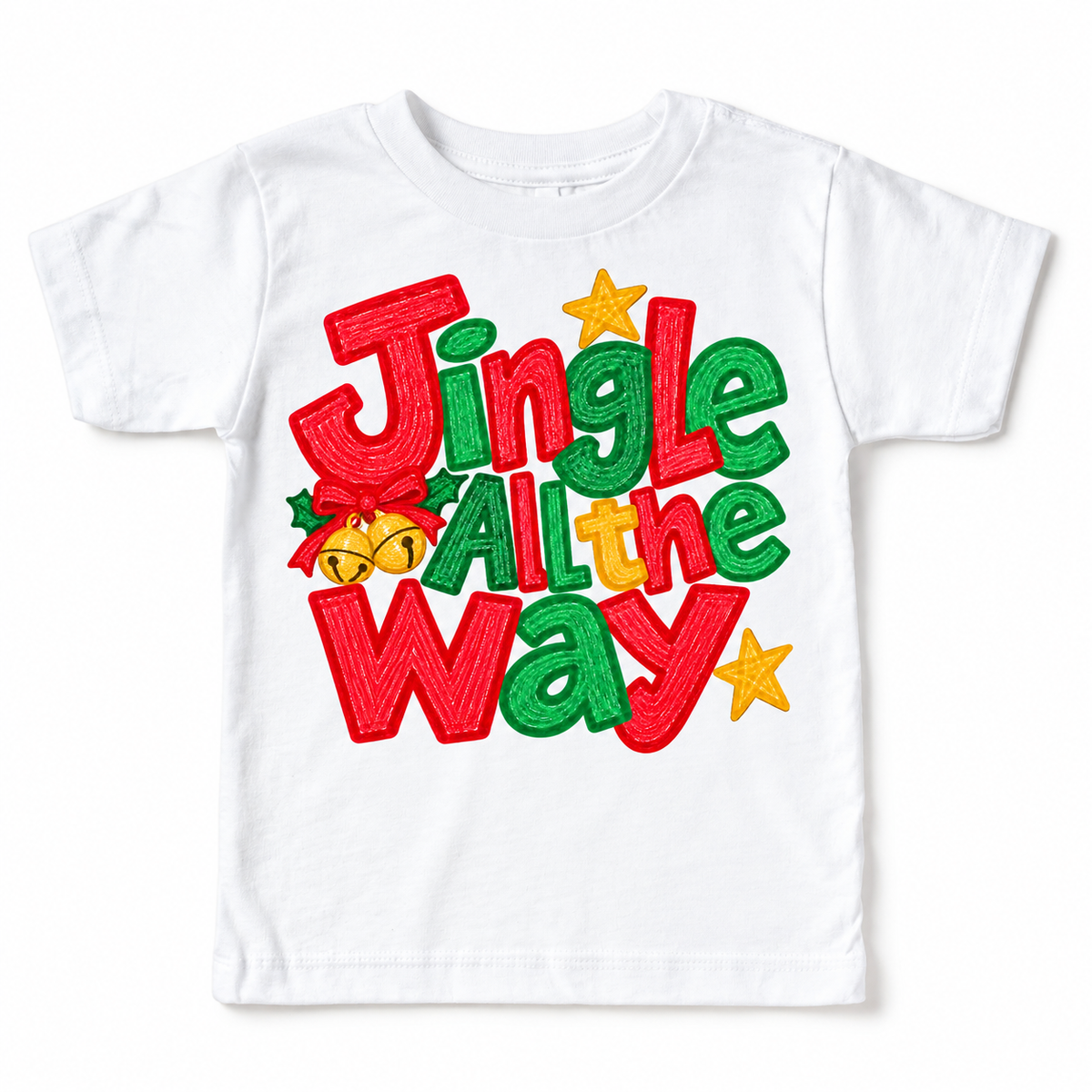 Jingle All the Way Christmas design on a white tee