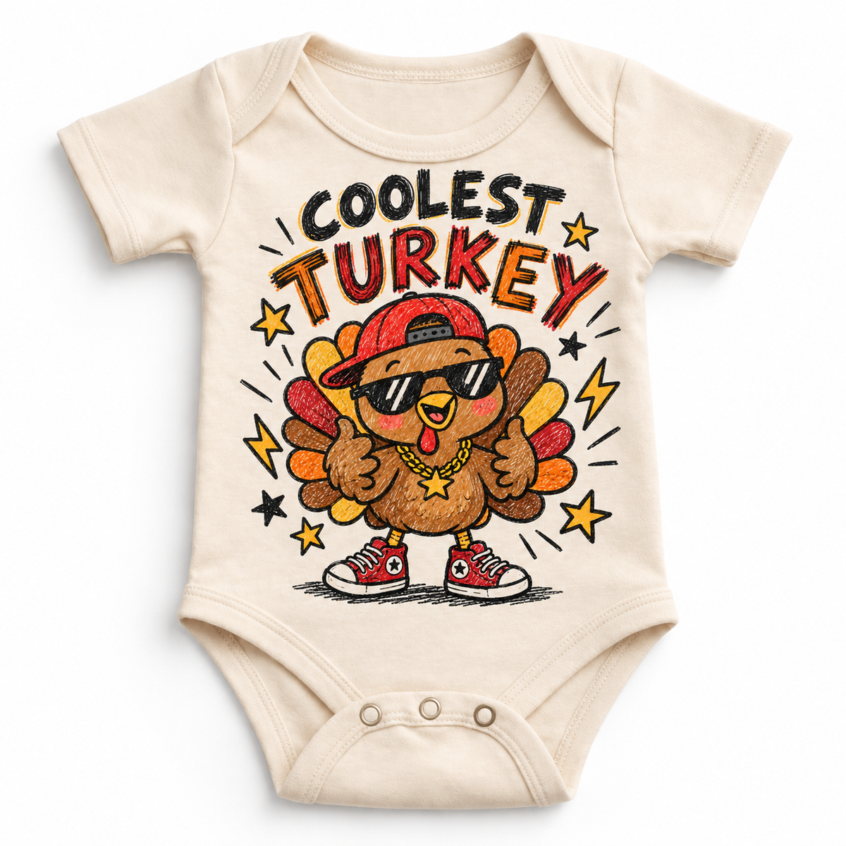 Coolest Turkey graphic on natural bodysuit, front view on white background