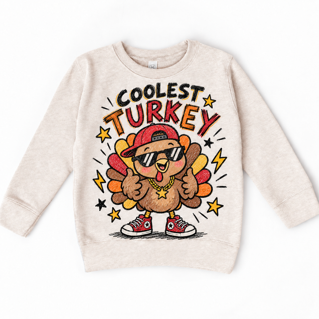 Coolest Turkey graphic on natural sweatshirt, front view on white background