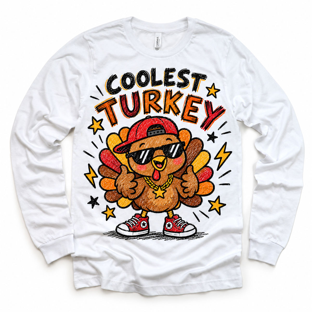 Coolest Turkey graphic on white long sleeve tee, front view on white background