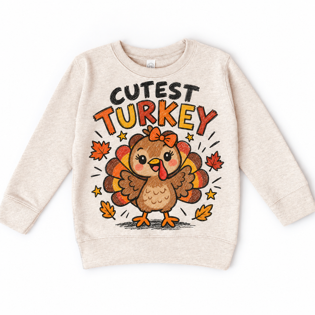 Cutest Turkey graphic on natural sweatshirt, front view on white background