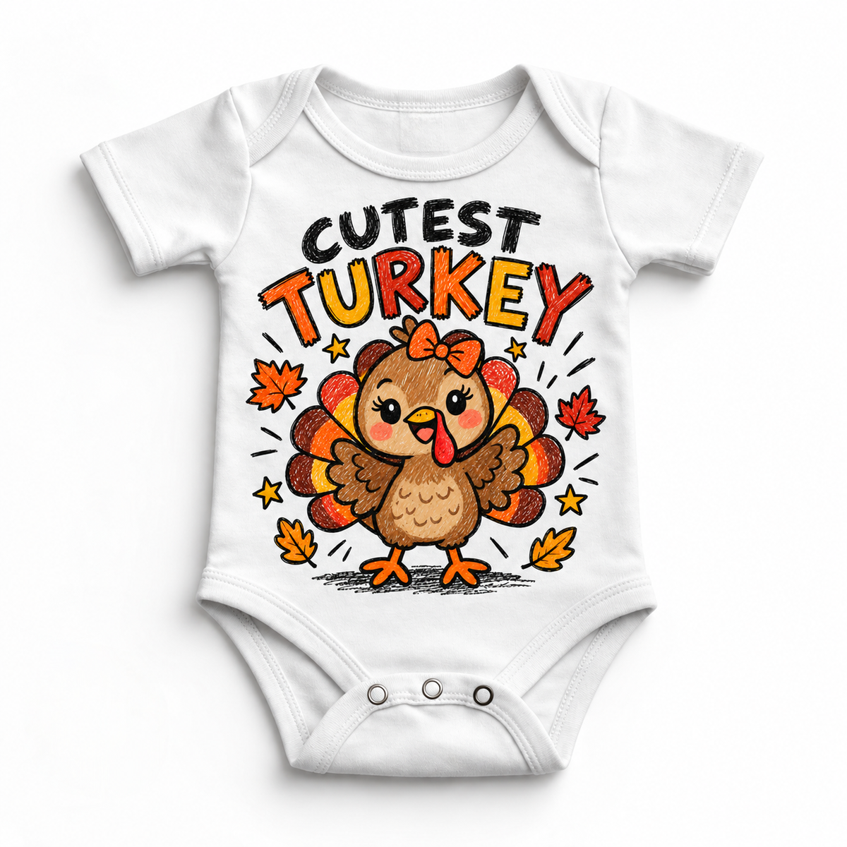 Cutest Turkey graphic on white bodysuit, front view on white background