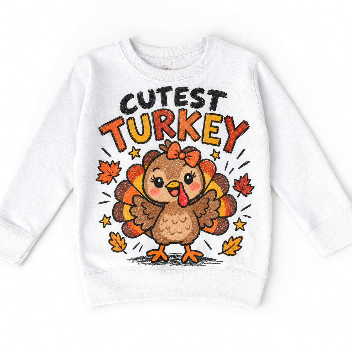 Cutest Turkey graphic on white sweatshirt, front view on white background