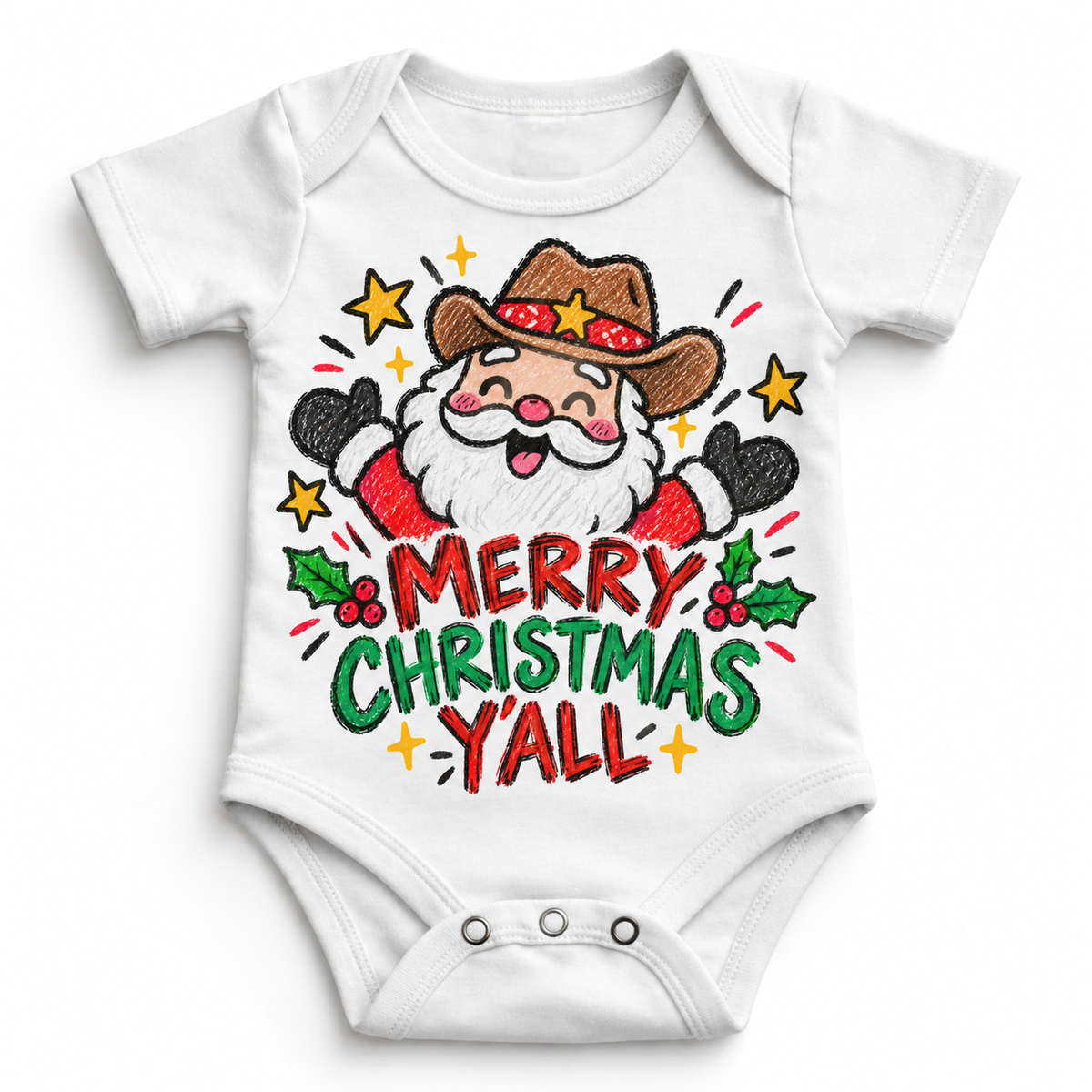 Merry Christmas Y'all graphic on white bodysuit, front view on white background