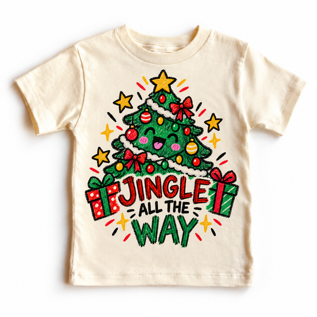 Jingle All the Way graphic on natural tee, front view on white background