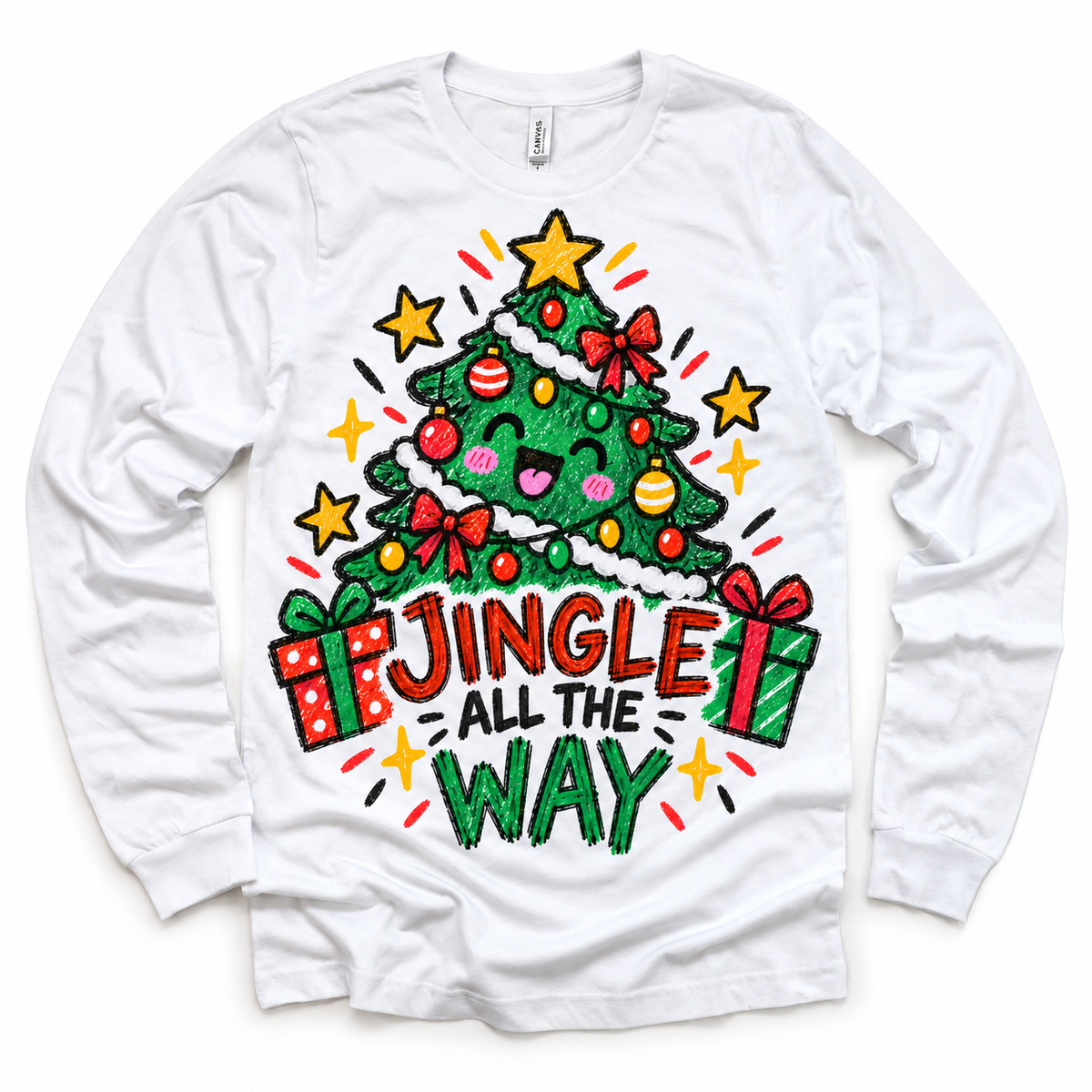 Jingle All the Way graphic on white long sleeve tee, front view on white background