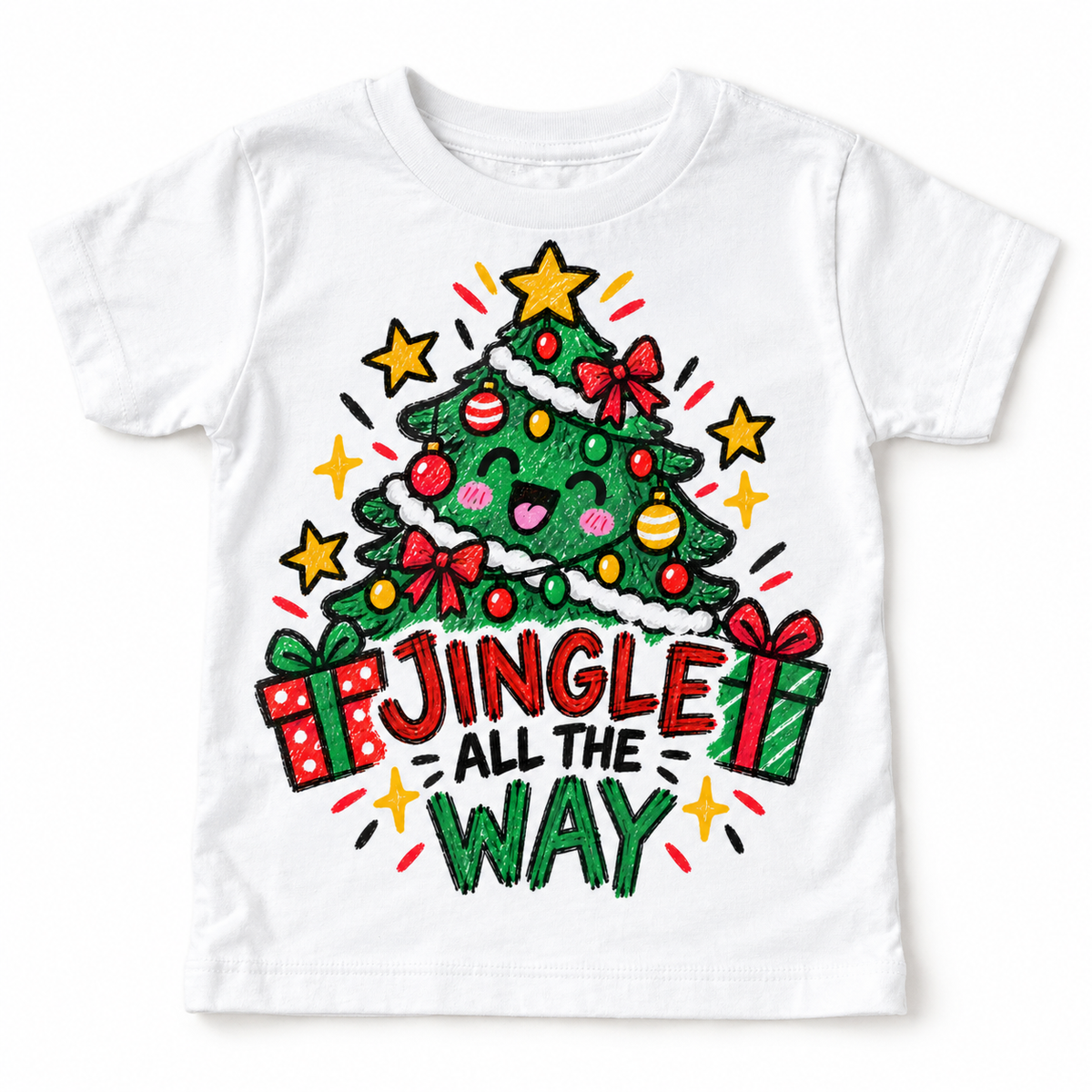 Jingle All the Way graphic on white tee, front view on white background