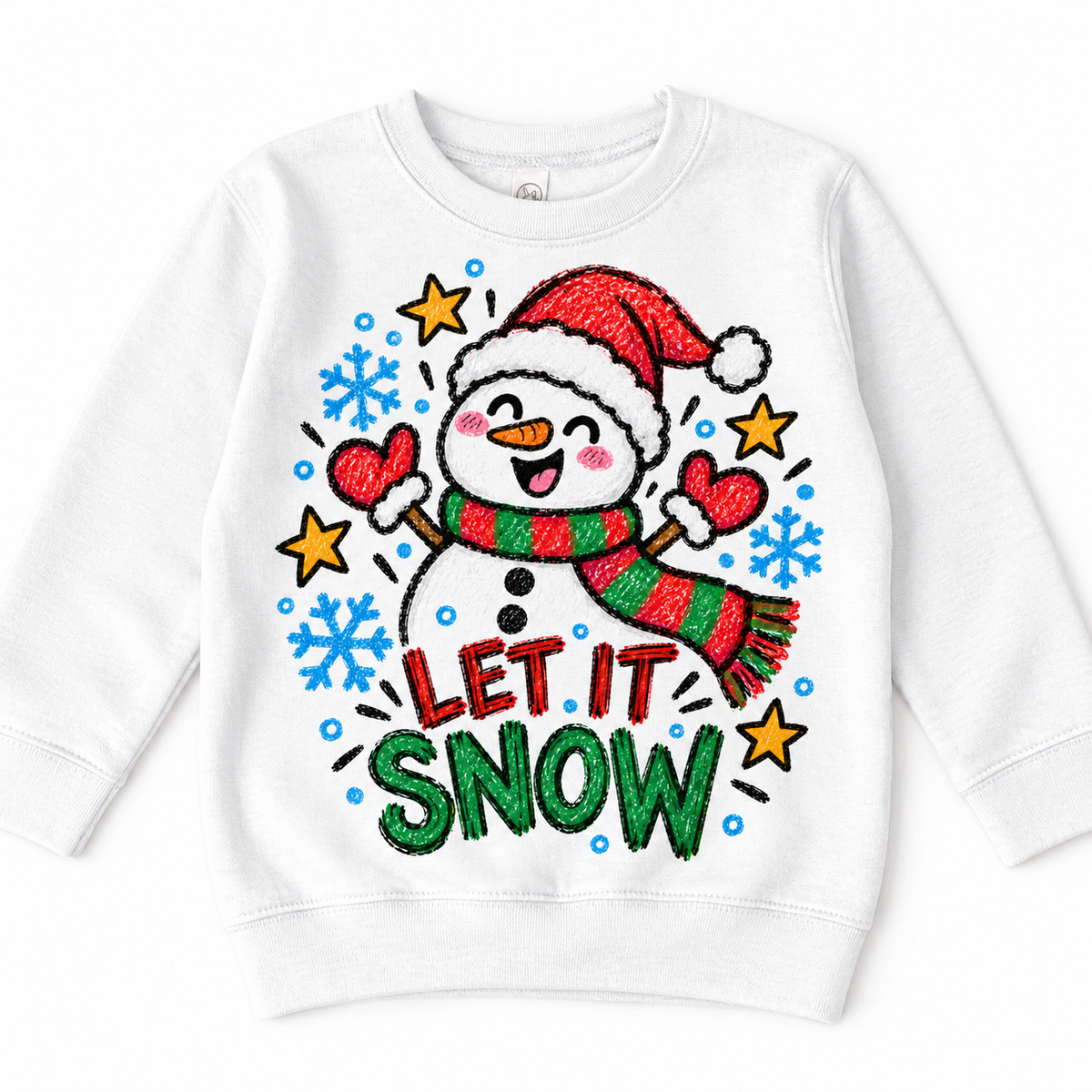 Let It Snow graphic on white sweatshirt, front view on white background