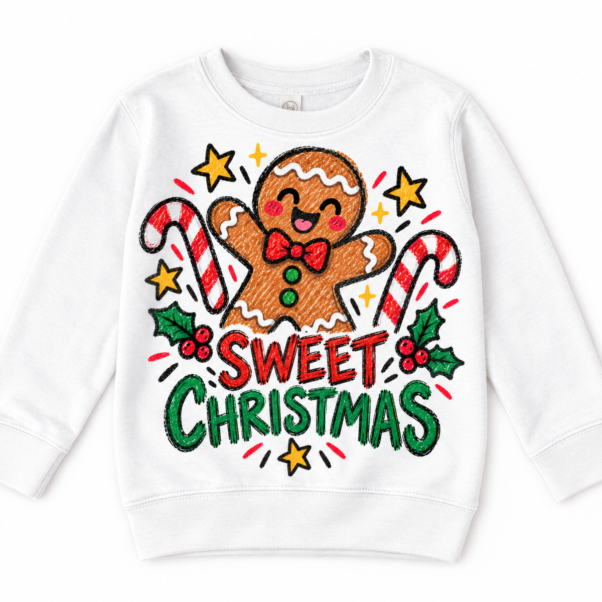 Sweet Christmas graphic on white sweatshirt, front view on white background