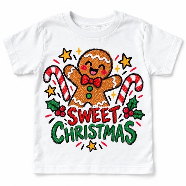 Sweet Christmas graphic on white tee, front view on white background