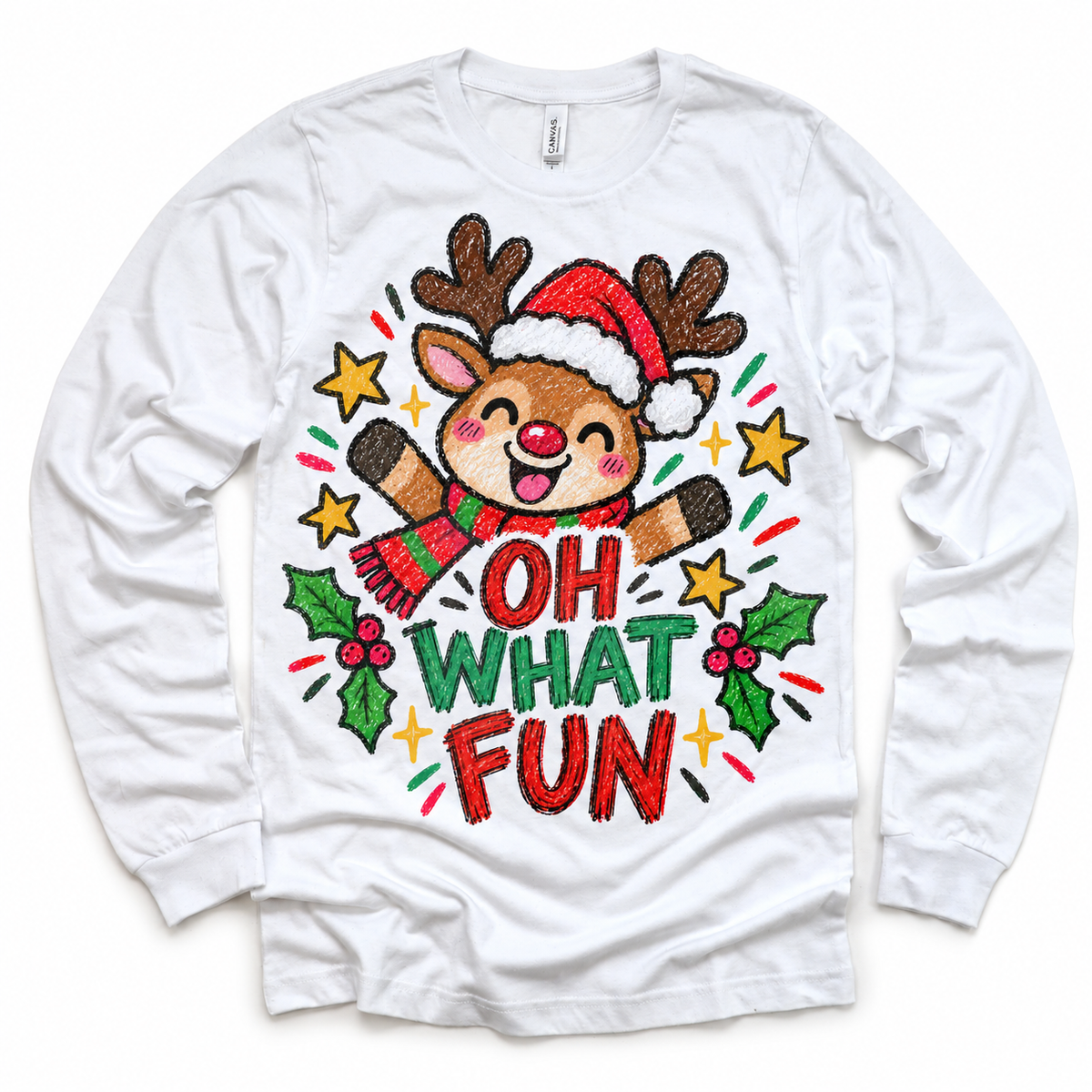Oh What Fun graphic on white long sleeve tee, front view on white background