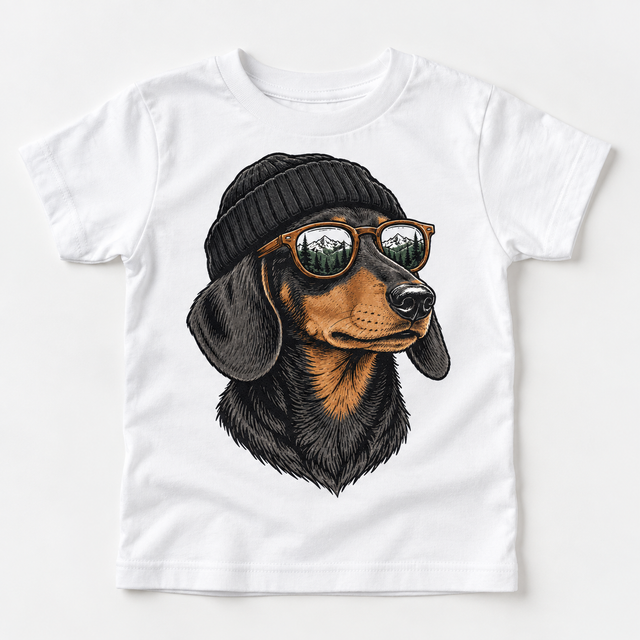 Dachshund wearing a beanie and mountain sunglasses printed on white tee, front view