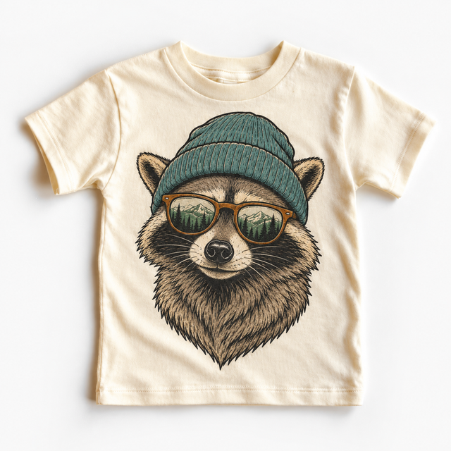 Raccoon wearing a beanie and mountain sunglasses printed on natural tee, front view