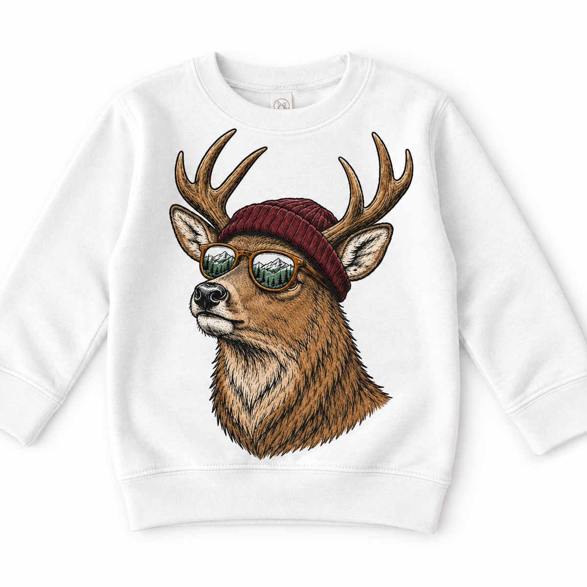 Deer wearing a beanie and mountain sunglasses printed on white sweatshirt, front view