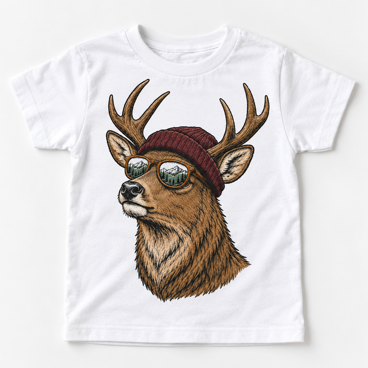 Deer wearing a beanie and mountain sunglasses printed on white tee, front view