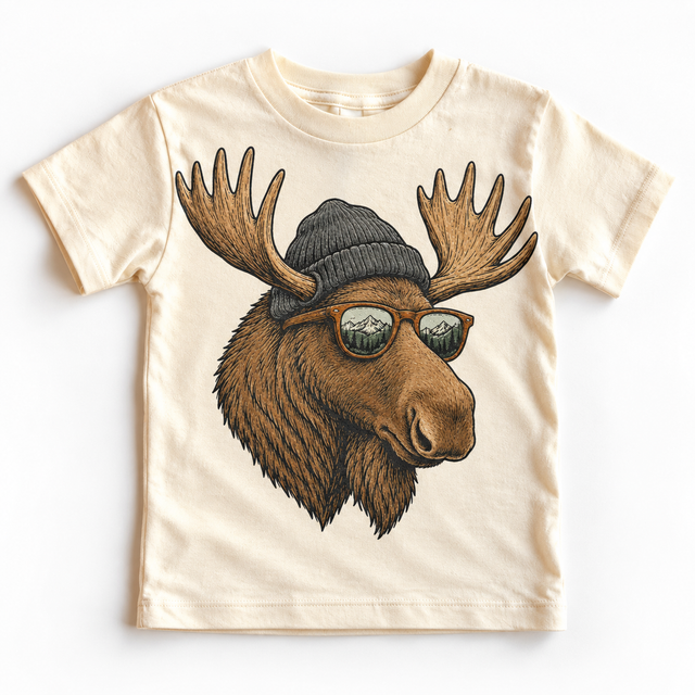 Moose wearing a beanie and mountain sunglasses printed on natural tee, front view