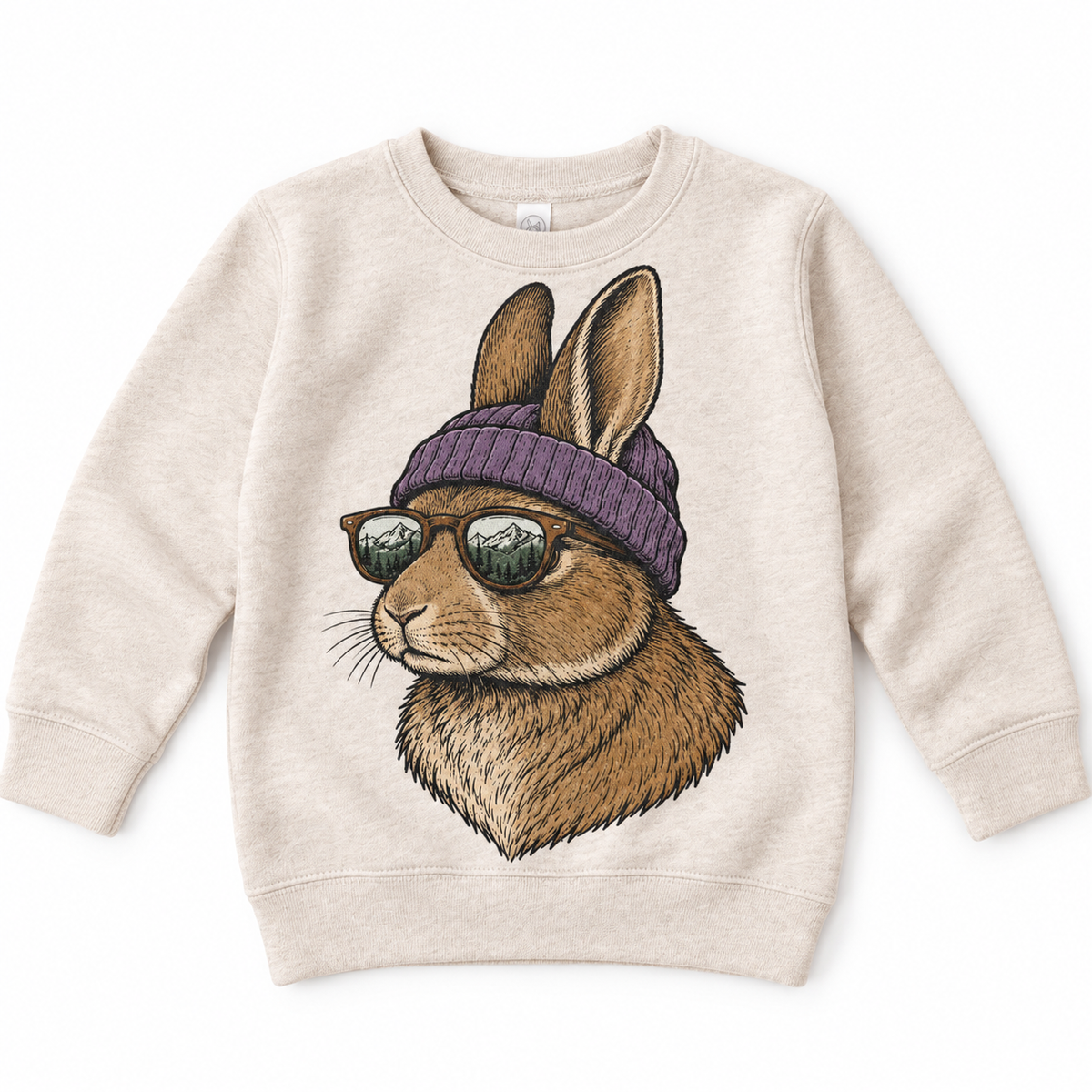 Rabbit wearing a beanie and mountain sunglasses printed on natural sweatshirt, front view