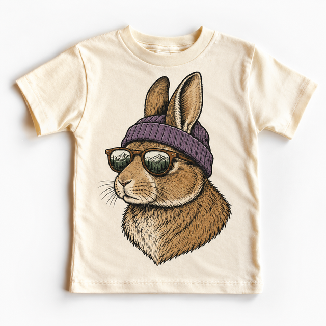 Rabbit wearing a beanie and mountain sunglasses printed on natural tee, front view