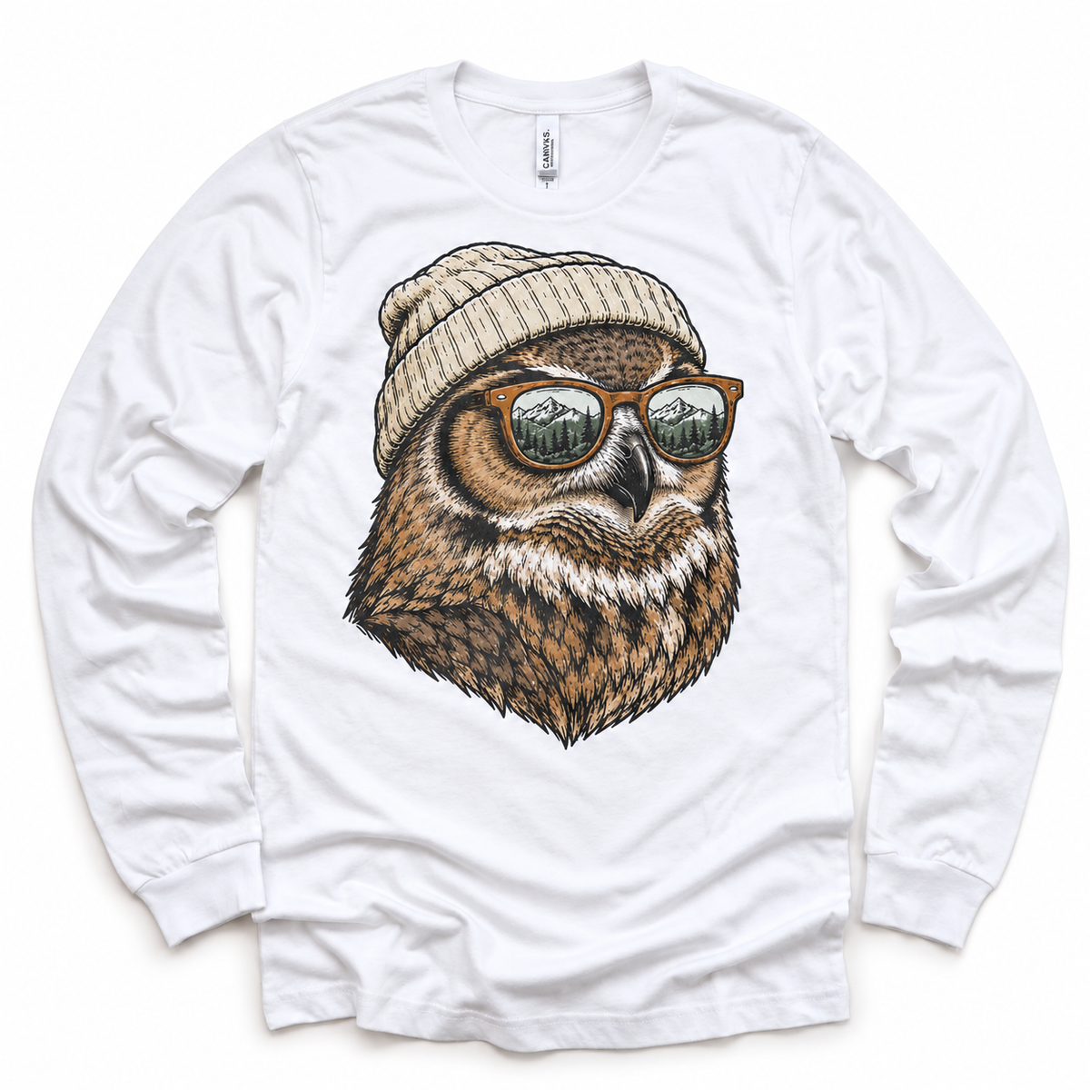 Owl wearing a beanie and mountain sunglasses printed on white long sleeve tee, front view