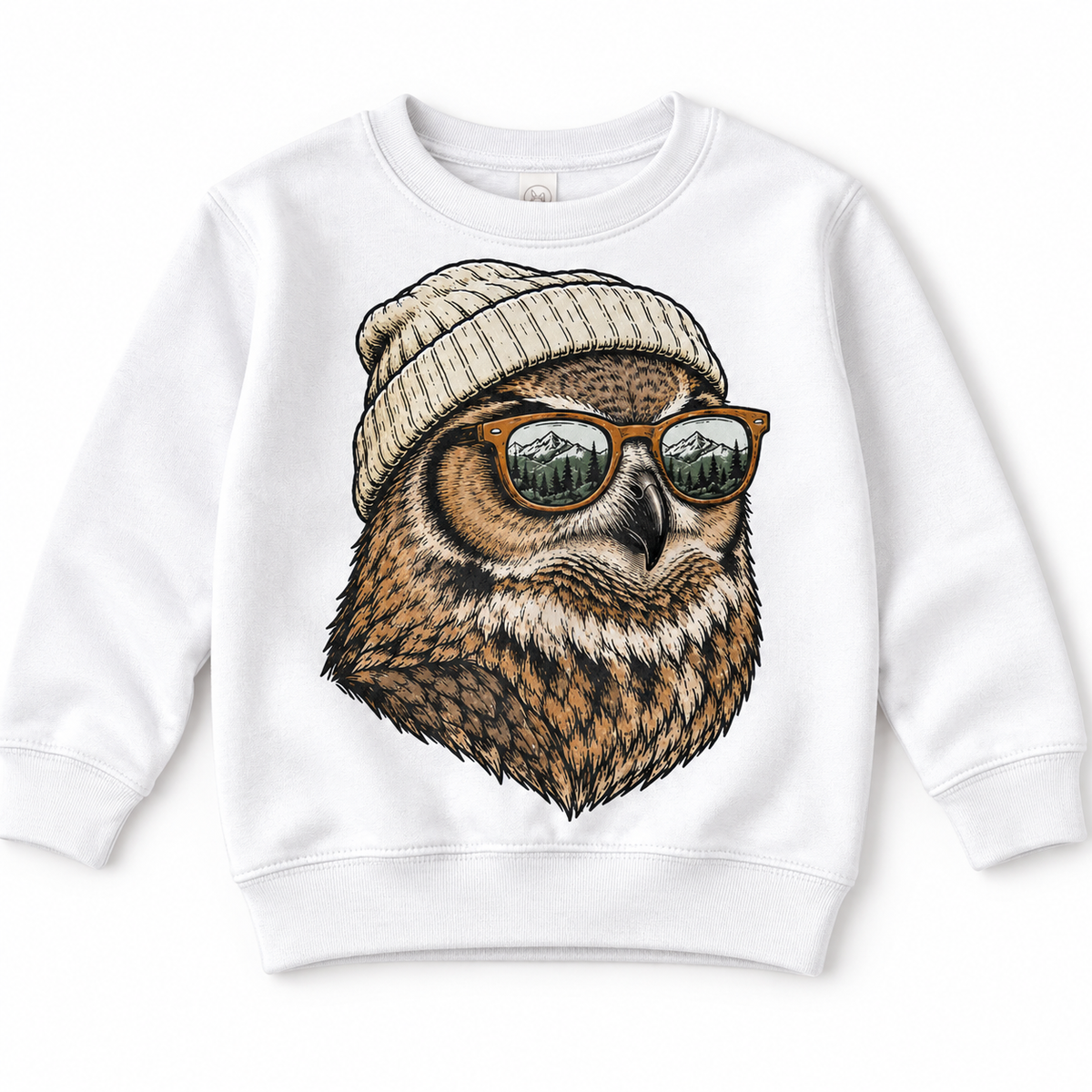 Owl wearing a beanie and mountain sunglasses printed on white sweatshirt, front view