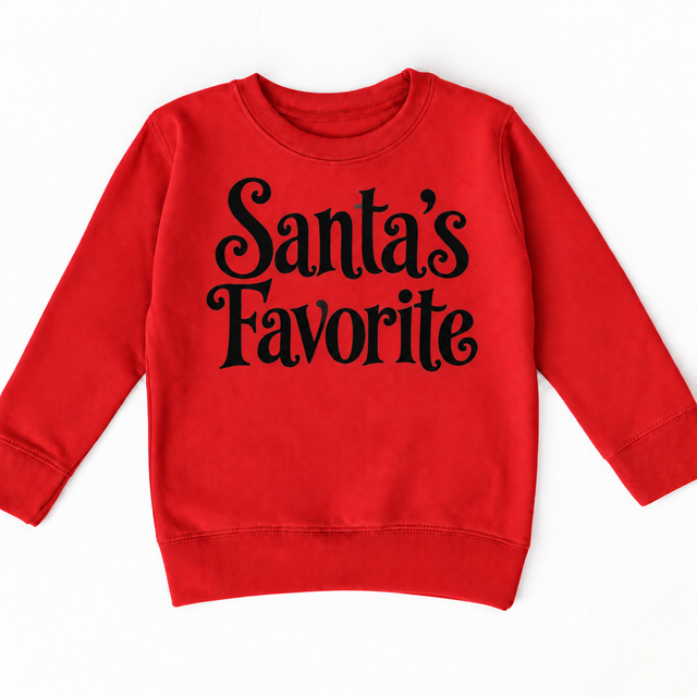 Santa's Favorite Christmas shirt features elegant black lettering with curled details. Shown on red sweatshirt, front view.