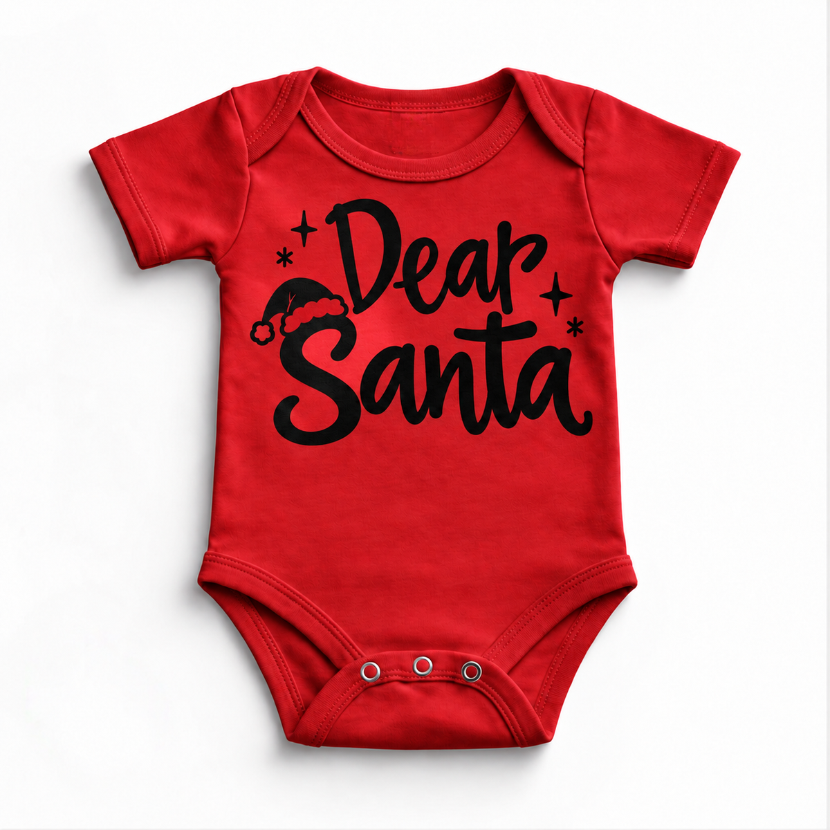 Dear Santa Christmas shirt features black script lettering, a Santa hat and stars. Shown on red onesie, front view.
