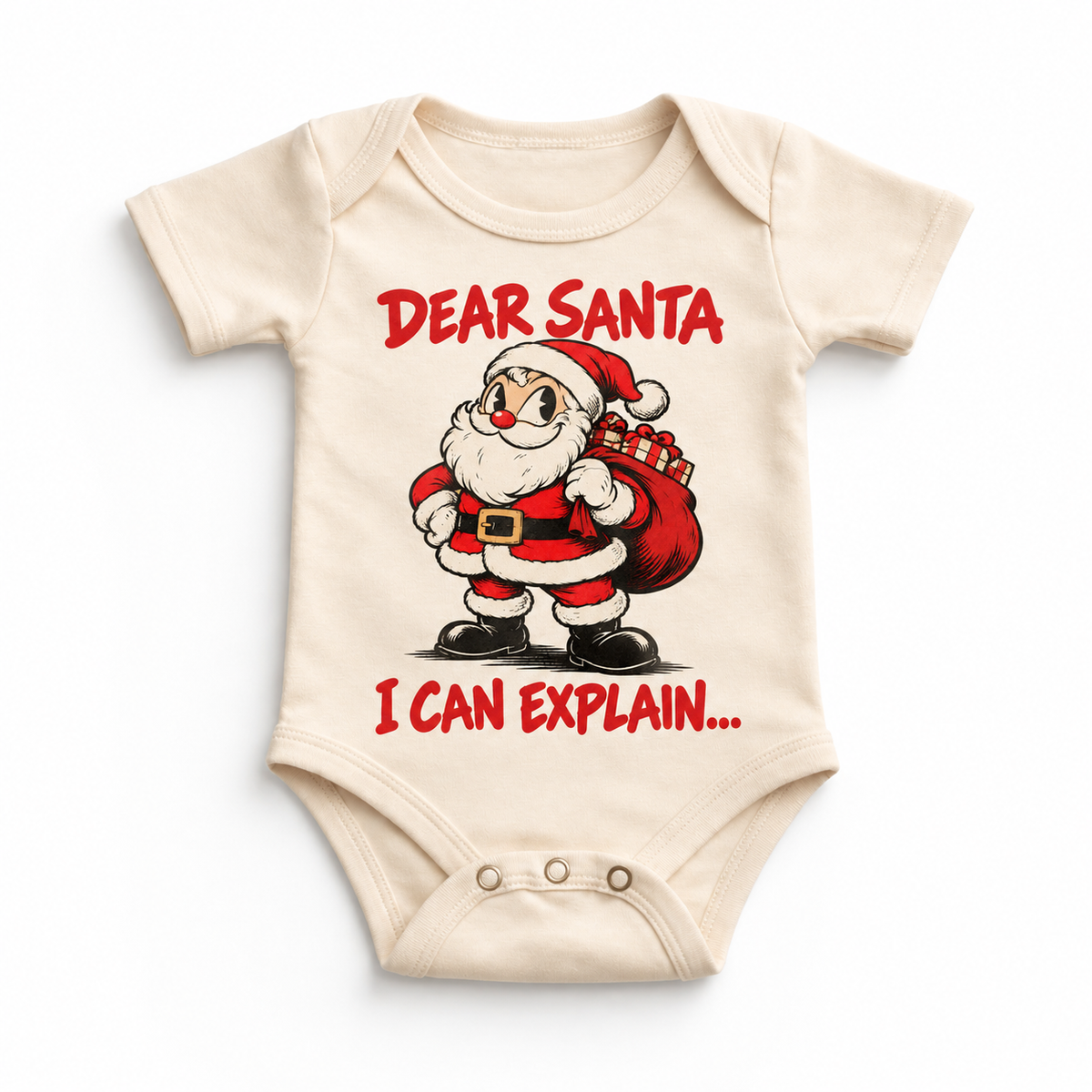 Dear Santa I Can Explain Christmas design on natural onesie