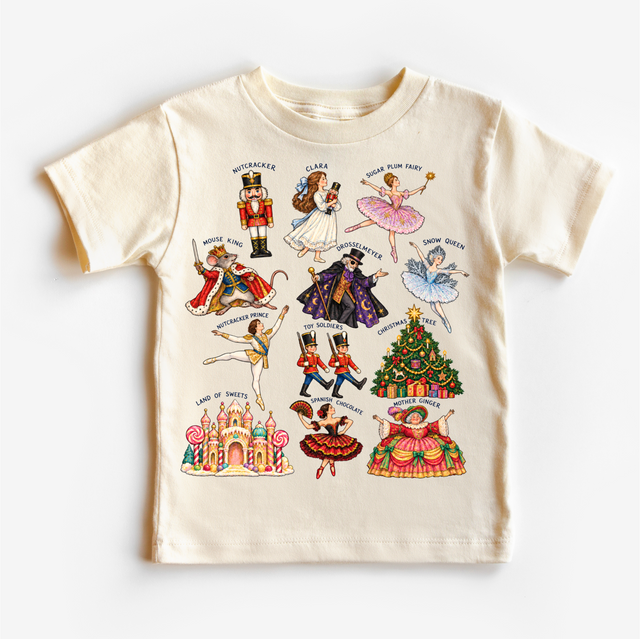 Natural kids T-shirt with vintage Nutcracker ballet character illustrations