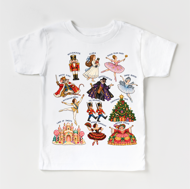 white tee with vintage Nutcracker ballet character illustrations