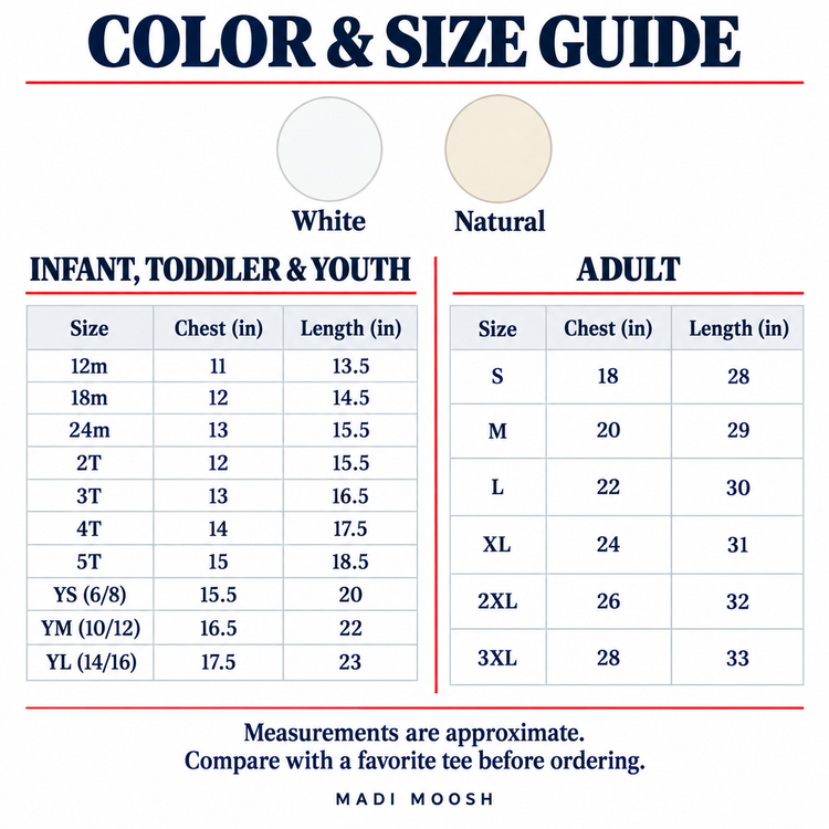White and Natural color options with infant, toddler, youth and adult tee size measurements in inches.