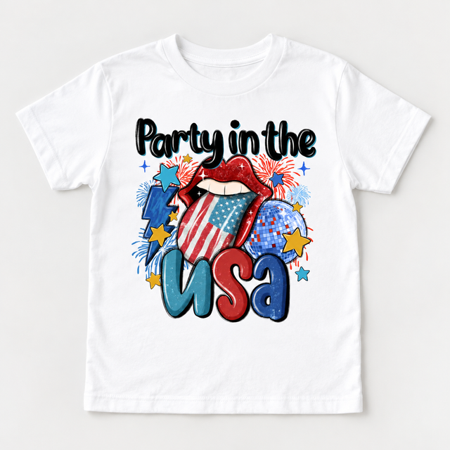 White Party In The USA short-sleeve tee laid flat with patriotic lips, disco ball, stars and fireworks.