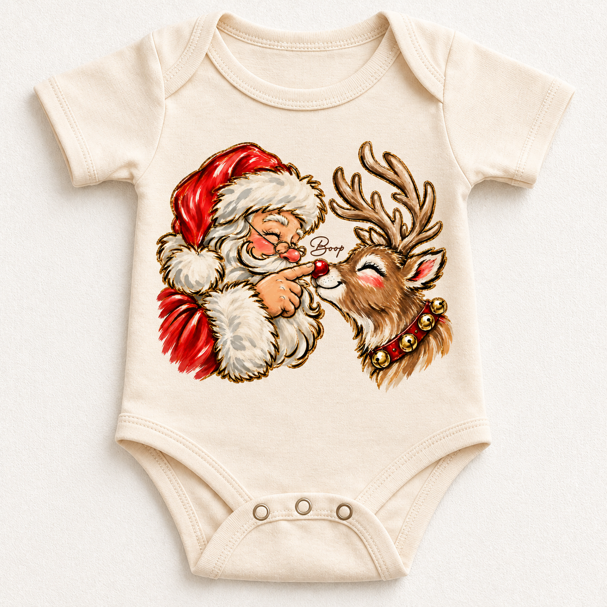 Santa and reindeer Boop Christmas design on natural bodysuit