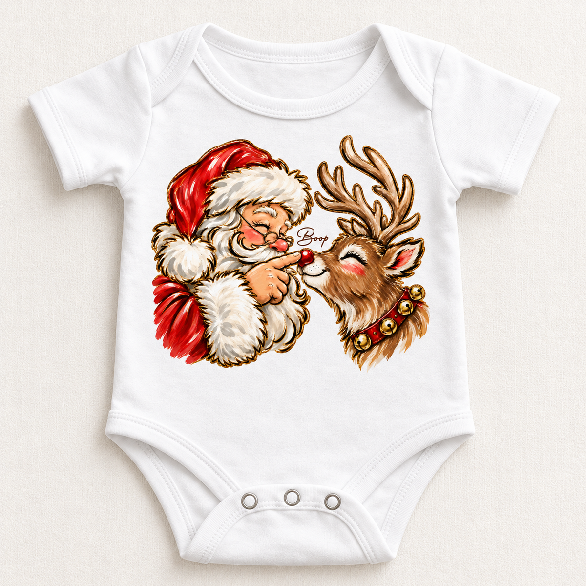 Santa and reindeer Boop Christmas design on white bodysuit
