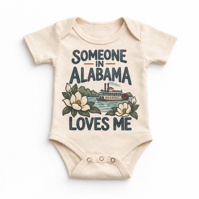 Someone in Alabama Loves Me design on a natural baby bodysuit