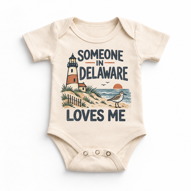 Someone in Delaware Loves Me design on a natural beige baby bodysuit