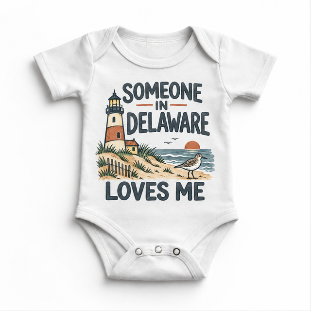 Someone in Delaware Loves Me design on a white baby bodysuit