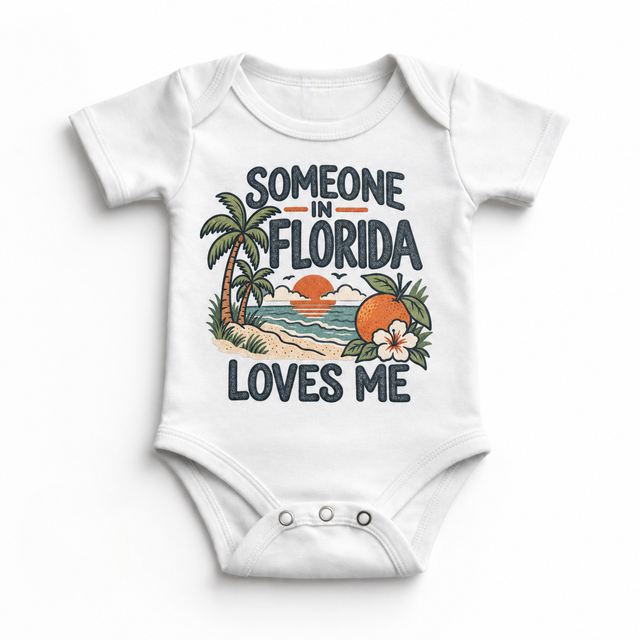 Someone in Florida Loves Me design on a white baby bodysuit