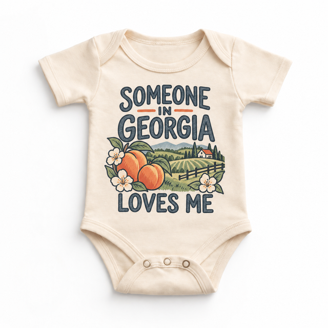 Someone in Georgia Loves Me design on a natural beige baby bodysuit