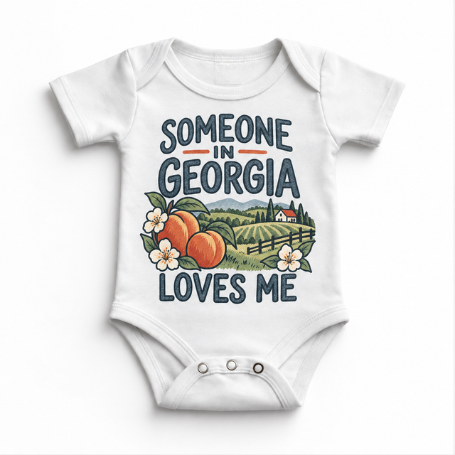Someone in Georgia Loves Me design on a white baby bodysuit