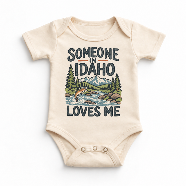 Someone in Idaho Loves Me design on a natural beige baby bodysuit