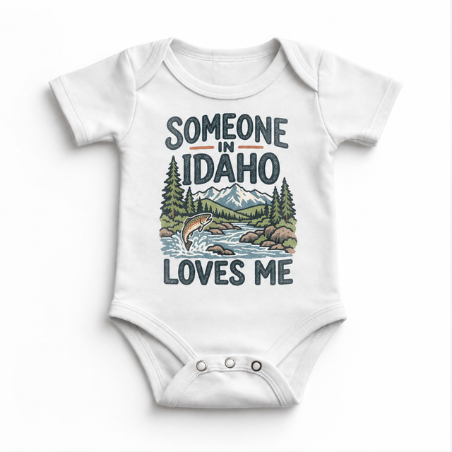 Someone in Idaho Loves Me design on a white baby bodysuit