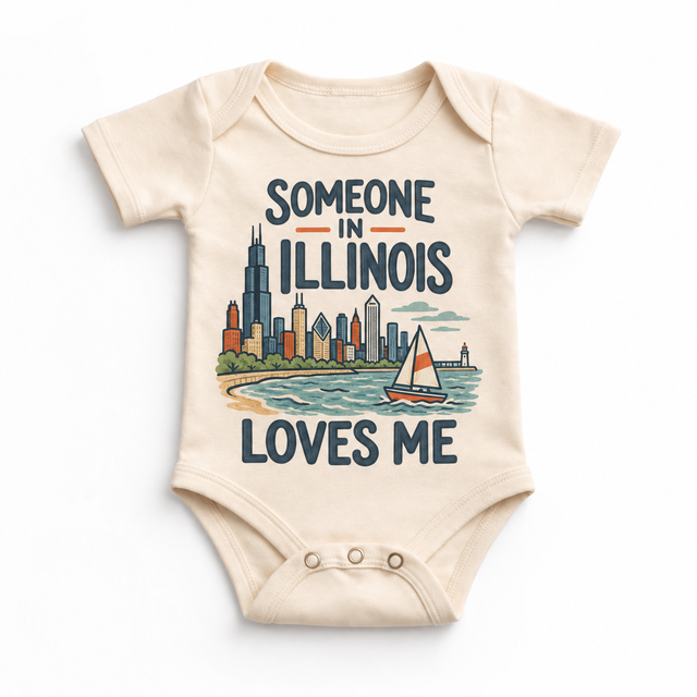 Someone in Illinois Loves Me design on a natural beige baby bodysuit