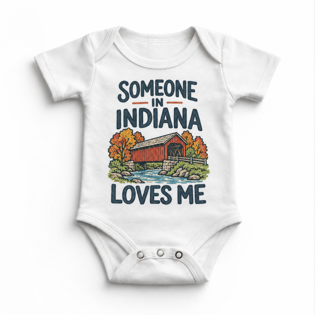 Someone in Indiana Loves Me design on a white baby bodysuit